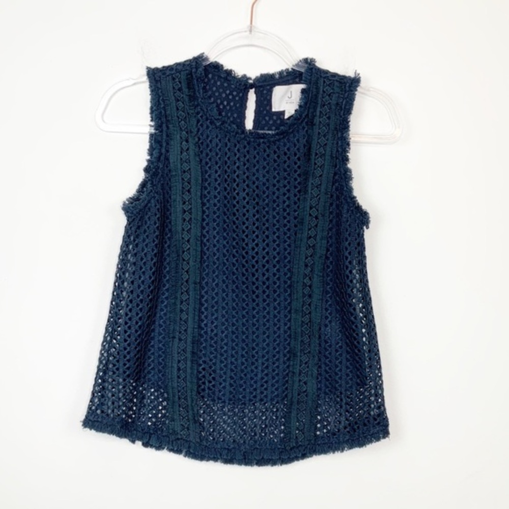 J by JOA Crochet Fringe Navy Eyelet Mesh Top XS